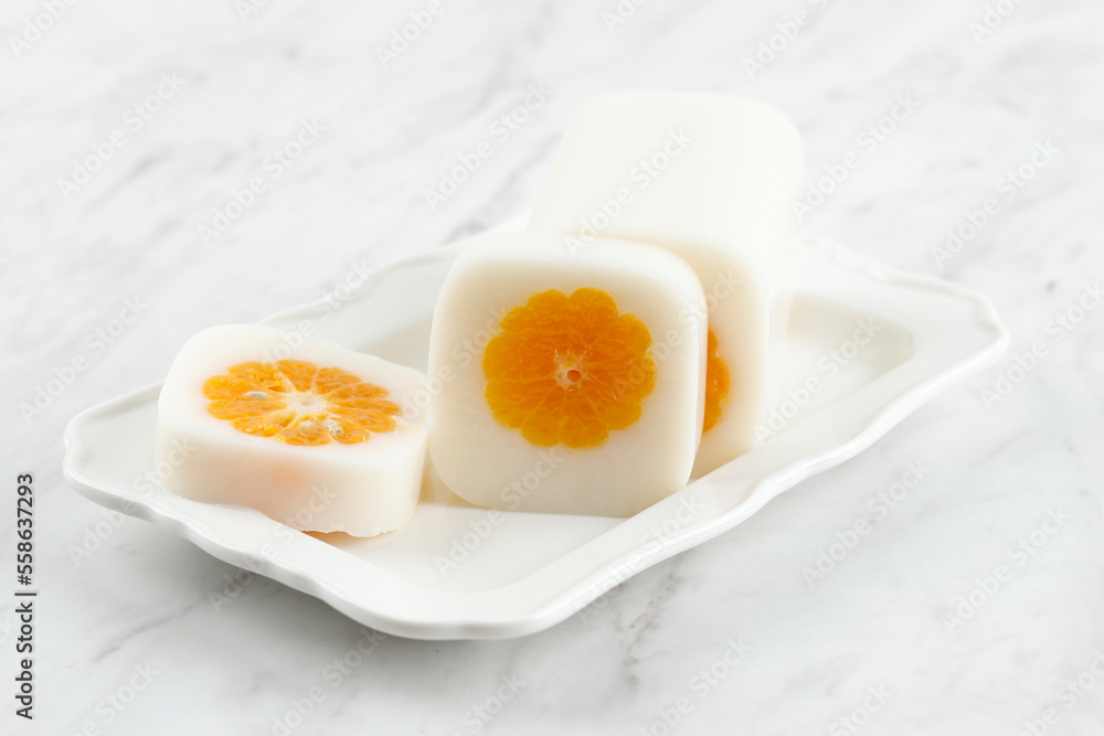 Milk Pudding with Fresh Orange at the Center Milk Pudding with Fresh Orange at the Center