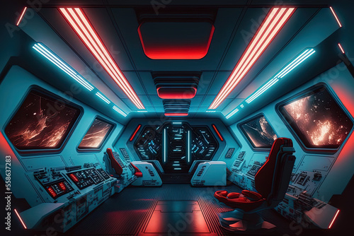 Interior of white spaceship with blue and red lights that are glowing. futuristic spacecraft with a huge window and control consoles for viewing planets in space. Generative AI
