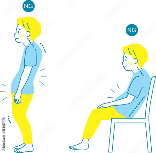 姿勢の悪い男性のイラストセット素材