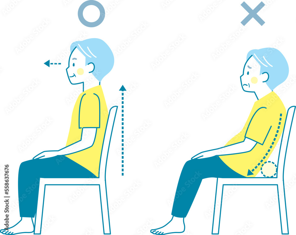 椅子に座るシニア男性の良い姿勢と悪い姿勢の比較
