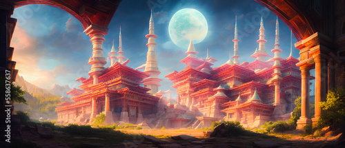 A divine fantasy temple shining bright in a glowing world. Generative AI