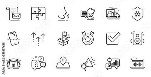 Outline set of Clean skin, Speakers and Seo statistics line icons for web application. Talk, information, delivery truck outline icon. Include Pin, Ranking star, Arena stadium icons. Vector