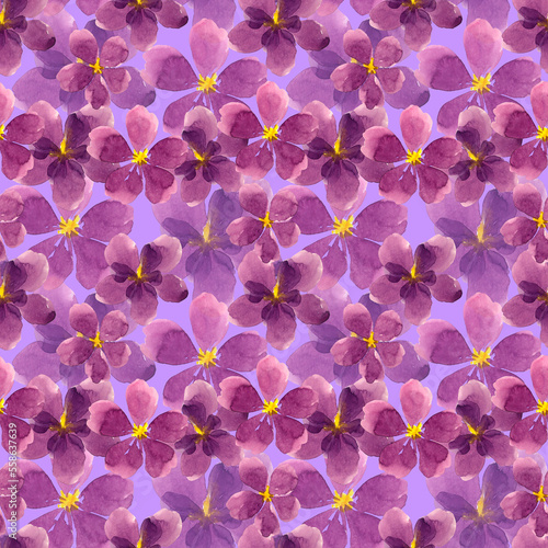Drawn watercolor violet flowers on a background. Violet flowers watercolor seamless pattern. Spring. Summer. Home textiles. Fabric print. Floral background. Beautiful flowers. Azalea. Watercolor. photo