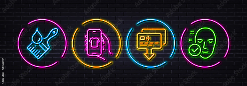 Card, Shop app and Brush minimal line icons. Neon laser 3d lights. Health skin icons. For web, application, printing. Send payment, Smartphone store, Art brush. Clean face. Neon lights buttons. Vector
