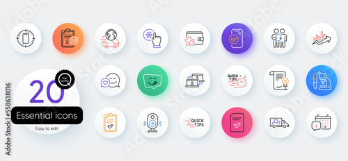 Simple set of Freezing click, Quick tips and Dating line icons. Include Microscope, Survey, Yummy smile icons. Calendar, Loyalty program, Truck transport web elements. Delivery service. Vector