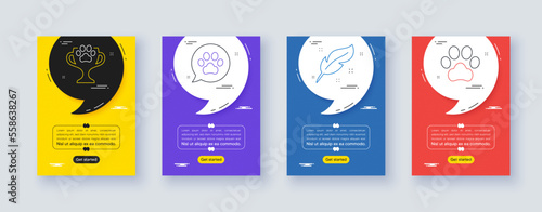 Set of Winner cup, Pets care and Feather line icons. Poster offer frame with quote, comma. Include Dog paw icons. For web, application. Dog competition, Nib pen, Pets. Quotation offer flyer. Vector