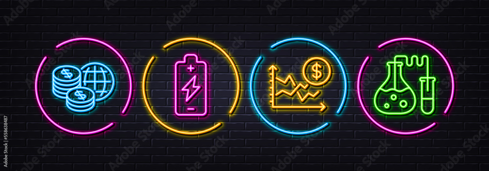 Battery charging, World money and Dollar rate minimal line icons. Neon laser 3d lights. Chemistry lab icons. For web, application, printing. Electric energy, Global markets, Currency trade. Vector