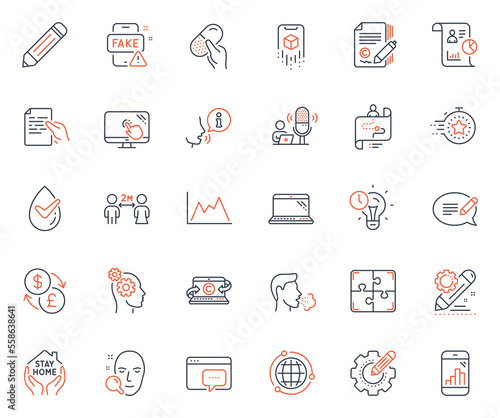 Science icons set. Included icon as Diagram, Face search and Touch screen web elements. Project edit, Cough, Report icons. Puzzle, Message, Timer web signs. Augmented reality. Vector