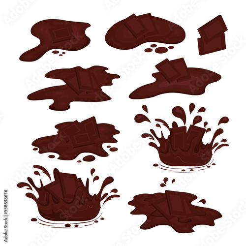 Pieces of melting chocolate. Splashes, drops, a puddle of chocolate. Vector set on a white background in flat style