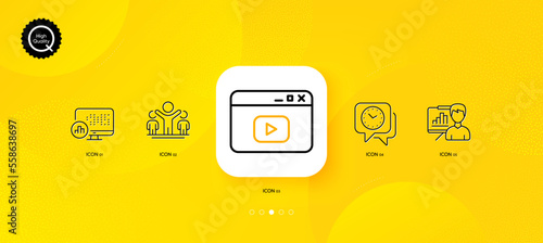 Presentation board, Clock and Video content minimal line icons. Yellow abstract background. Winner, Report statistics icons. For web, application, printing. Growth chart, Time, Browser window. Vector