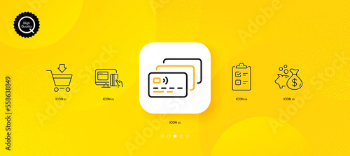 Loan, Online market and Checklist minimal line icons. Yellow abstract background. Online payment, Card icons. For web, application, printing. Vector