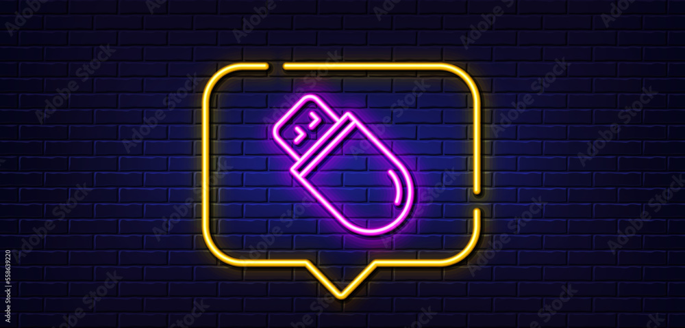 Neon light speech bubble. Usb stick line icon. Computer memory component sign. Data storage symbol. Neon light background. Usb stick glow line. Brick wall banner. Vector Neon light speech bubble. Usb stick line icon. Computer memory component sign. Data storage symbol. Neon light background. Usb stick glow line. Brick wall banner. Vector