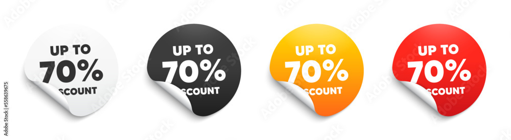 Up to 70 percent Discount. Round sticker badge with offer. Sale offer price sign. Special offer symbol. Save 70 percentages. Paper label banner. Discount tag adhesive tag. Vector Up to 70 percent Discount. Round sticker badge with offer. Sale offer price sign. Special offer symbol. Save 70 percentages. Paper label banner. Discount tag adhesive tag. Vector