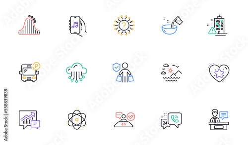 Atom  Exhibitors and Job interview line icons for website  printing. Collection of Question mark  Building warning  Sea mountains icons. Bus parking  Accounting  Music app web elements. Vector