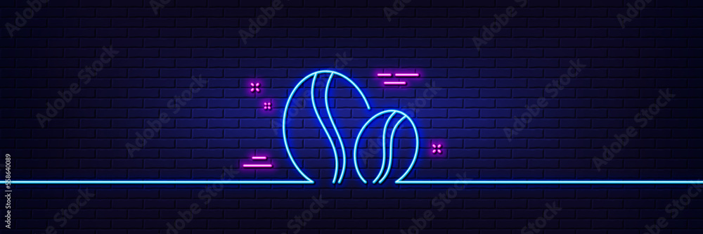 Neon light glow effect. Coffee beans line icon. Hot drink sign. Whole bean beverage symbol. 3d line neon glow icon. Brick wall banner. Coffee beans outline. Vector Neon light glow effect. Coffee beans line icon. Hot drink sign. Whole bean beverage symbol. 3d line neon glow icon. Brick wall banner. Coffee beans outline. Vector