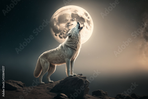 Generative Ai of white wolf howling at the moon.  photo