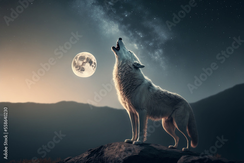 Generative Ai of white wolf howling at the moon.  photo