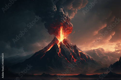 Generative Ai of an erupting volcano with lava