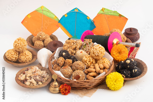 Indian Winter Delicacy viz. Tilgul, Til Mithai, Gajak, Chikki, Tilkut, Patang, Firki And Peanuts. Harvest Festival Makar Sankranti, Lohri, Uttarayan, Maghi, Poush Sankranthi Or Magh Bihu Theme
