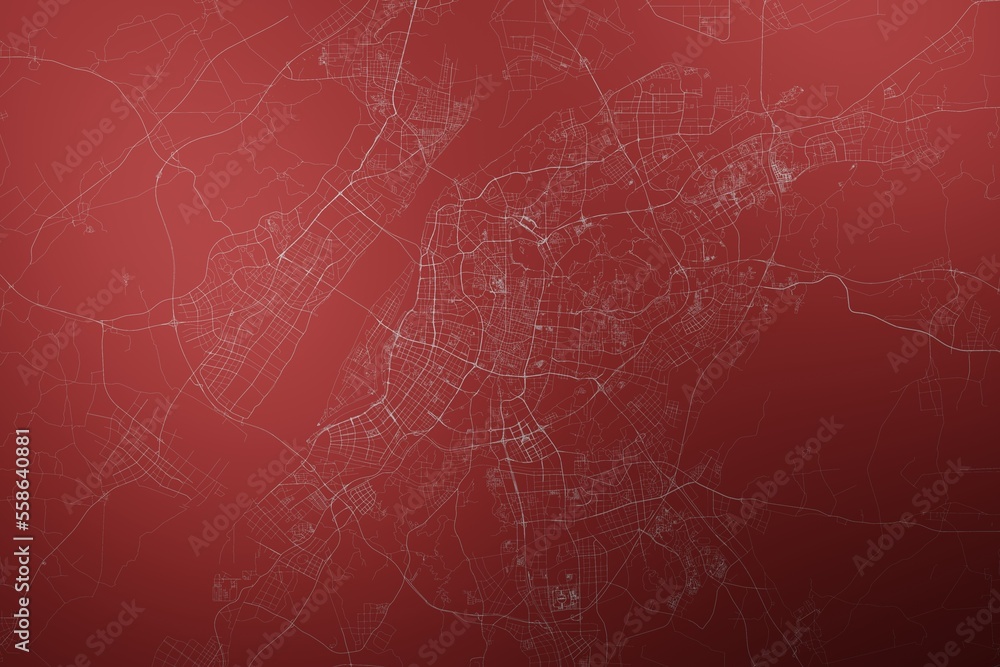 Map of the streets of Nanjing (China) made with white lines on abstract red background lit by two lights. Top view. 3d render, illustration Map of the streets of Nanjing (China) made with white lines on abstract red background lit by two lights. Top view. 3d render, illustration