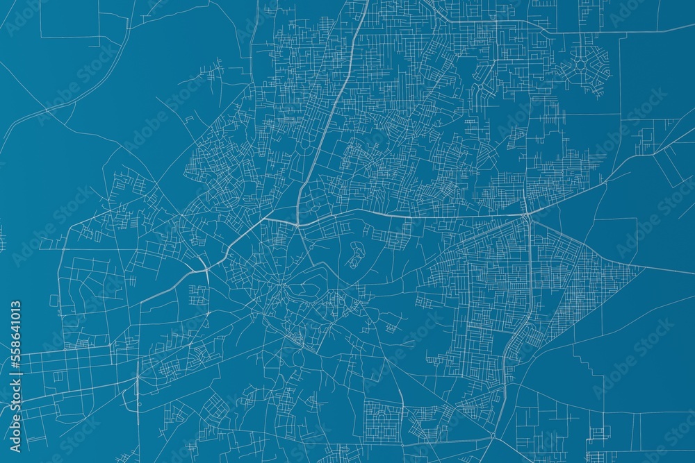 Map of the streets of Multan (Pakistan) made with white lines on blue background. 3d render, illustration