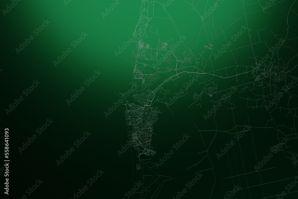 Street map of Liepaja (Latvia) engraved on green metal background. Light is coming from top. 3d render, illustration