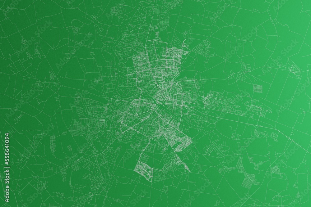 Map of the streets of Grodno (Belarus) made with white lines on green paper. Rough background. 3d render, illustration Map of the streets of Grodno (Belarus) made with white lines on green paper. Rough background. 3d render, illustration