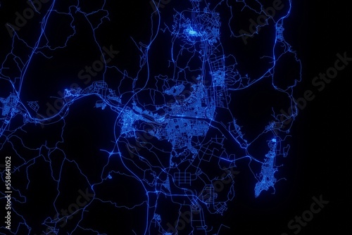 Street map of Ulsan (South Korea) made with blue illumination and glow effect. Top view on roads network