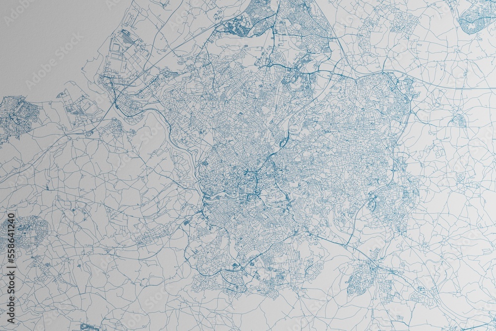 Fototapeta premium Map of the streets of Bristol (UK) made with blue lines on white paper. 3d render, illustration
