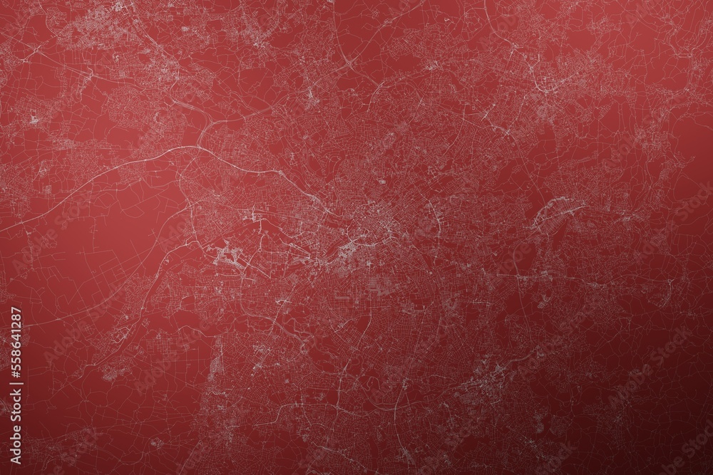 Fototapeta premium Map of the streets of Manchester (UK) made with white lines on abstract red background lit by two lights. Top view. 3d render, illustration