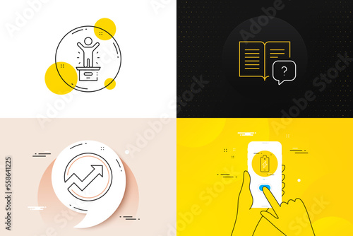 Minimal set of Battery charging, Winner podium and Audit line icons. Phone screen, Quote banners. Instruction manual icons. For web development. Electric energy, First place, Arrow graph. Vector