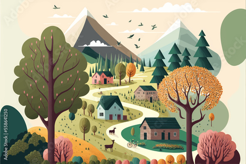 Nature and landscape, Vector illustration of trees, forest, mountains, flowers, plants, houses, fields, farms and villages, illustration for background, card or cover 