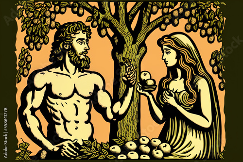 Leinwand Poster Illustration of Adam and Eve Eating Forbidden Fruit in a Biblical Narrative