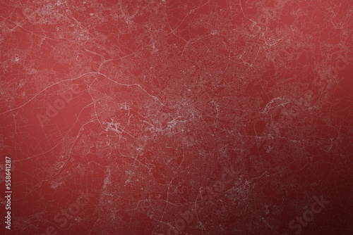Map of the streets of Manchester (UK) made with white lines on abstract red background lit by two lights. Top view. 3d render, illustration