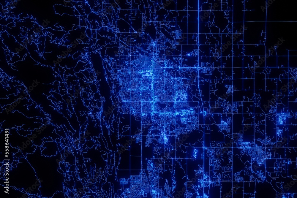 Street map of Fort Collins (Colorado, USA) made with blue illumination and glow effect. Top view on roads network