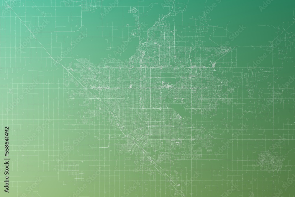 Obraz premium Map of the streets of Fresno (California, USA) made with white lines on yellowish green gradient background. Top view. 3d render, illustration