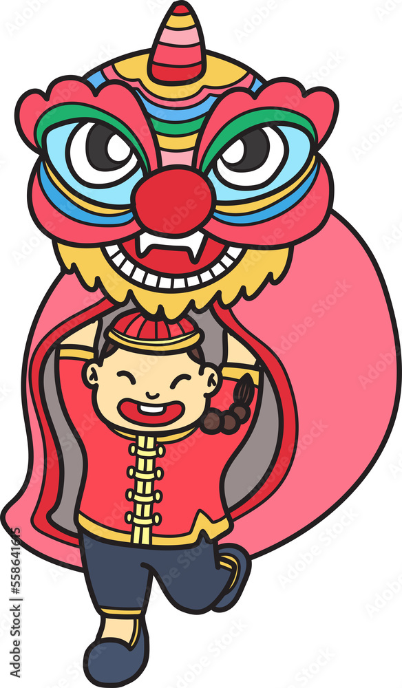 Hand Drawn Chinese lion dancing with Chinese boys illustration Hand Drawn Chinese lion dancing with Chinese boys illustration