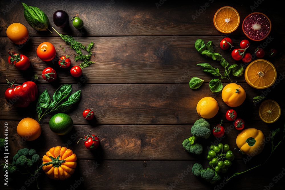 wholesome food Fruits and vegetables. against a dark wood backdrop. looking up. Copy space. Generative AI wholesome food Fruits and vegetables. against a dark wood backdrop. looking up. Copy space. Generative AI