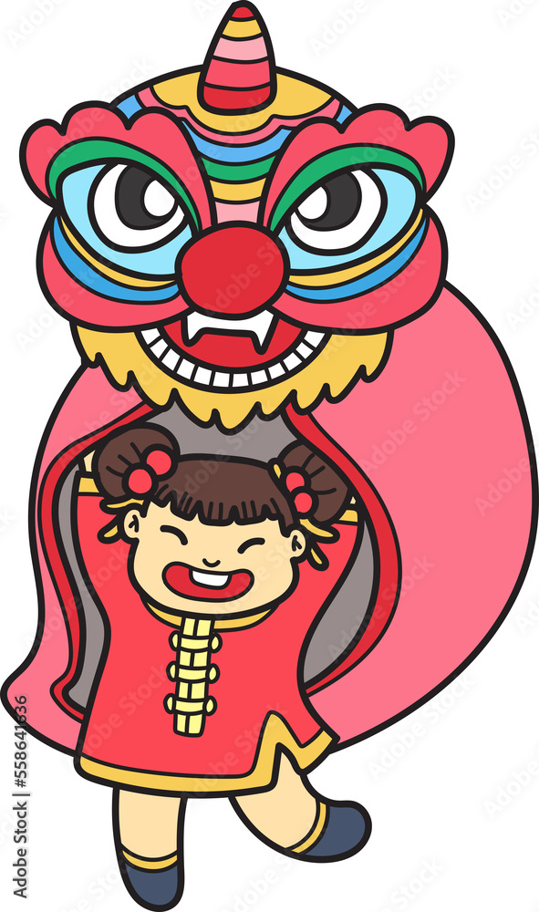 Hand Drawn chinese lion dance with chinese girl illustration