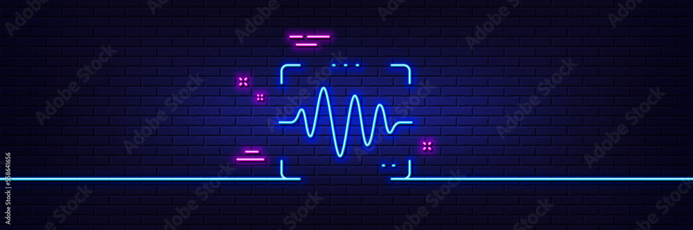 Neon light glow effect. Voice wave line icon. Sound scan sign. Audio verification symbol. 3d line neon glow icon. Brick wall banner. Voice wave outline. Vector