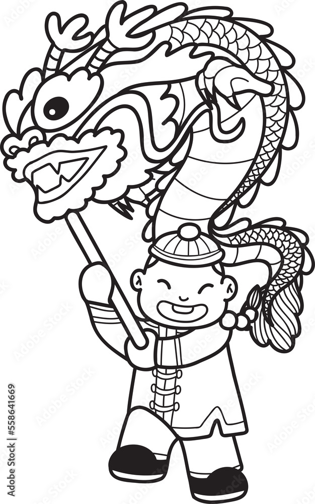 Hand Drawn Chinese boy dancing dragon illustration