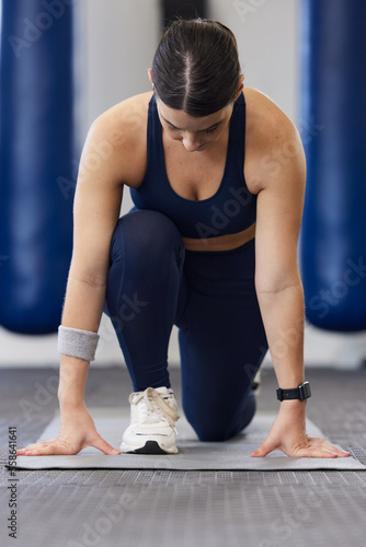 Photography Woman, stretching legs and gym workout for health, self care and development on floor