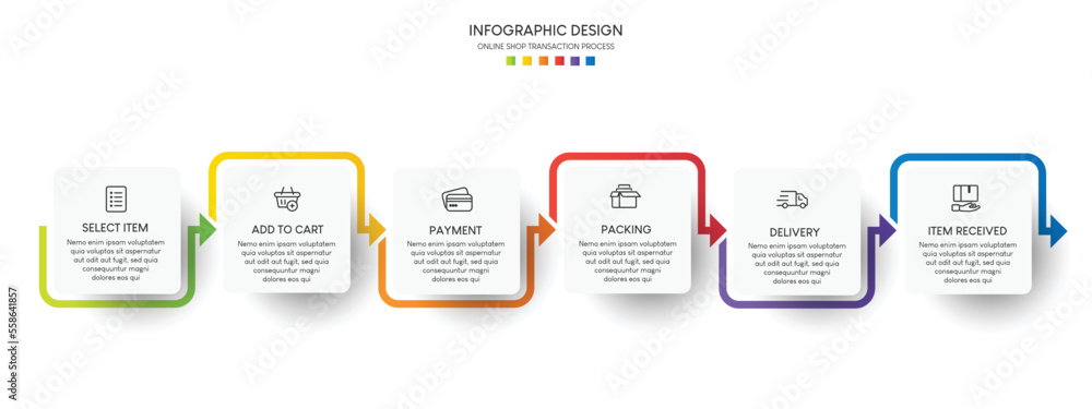Process of online shopping with 6 steps. Steps business timeline process infographic template Process of online shopping with 6 steps. Steps business timeline process infographic template