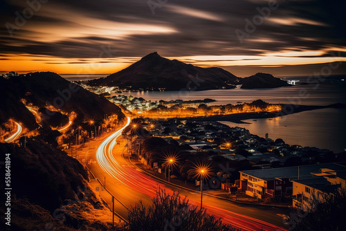New Zealand's Christchurch City at night. Generative AI photo
