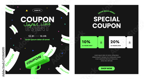 Money machine gun. Shoot the toy gun with coupon. Cash, Coupon, Paper flower. Black Friday marketing event banner. Website layout template set. Modern style. Trendy flat vector illustration.