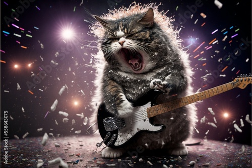 Cats as rock stars playing guitar at concert created with generative AI technology