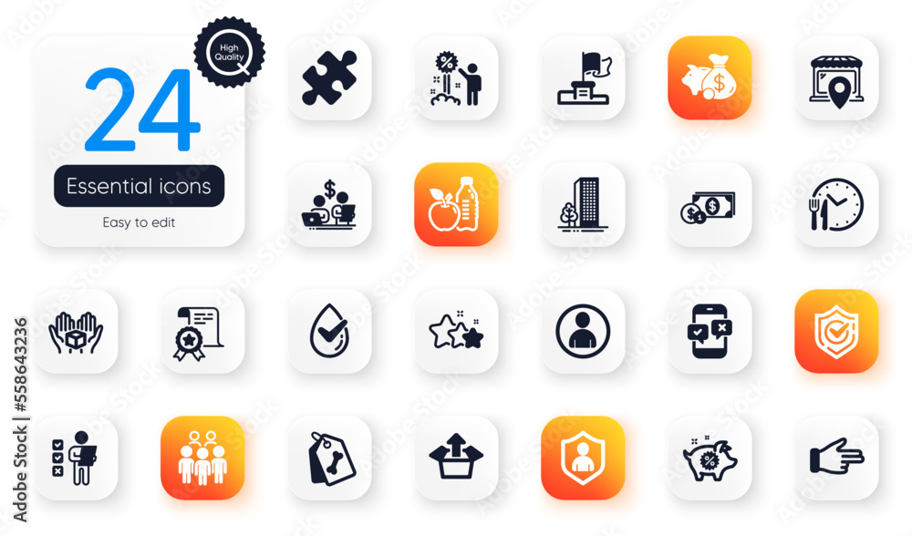 Set of Business flat icons. Hold box, Budget accounting and Confirmed elements for web application. Market location, Winner flag, Phone survey icons. Discount, Security, Buildings elements. Vector Set of Business flat icons. Hold box, Budget accounting and Confirmed elements for web application. Market location, Winner flag, Phone survey icons. Discount, Security, Buildings elements. Vector