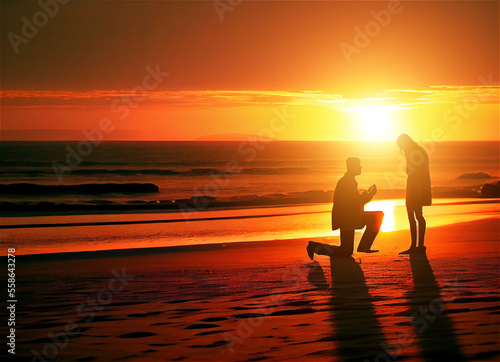 Proposal at sunset on the beach on a knee with an engagement ring, generative AI