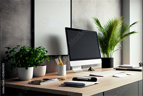 Work desk with lots of copy space for inserting your message, generative AI