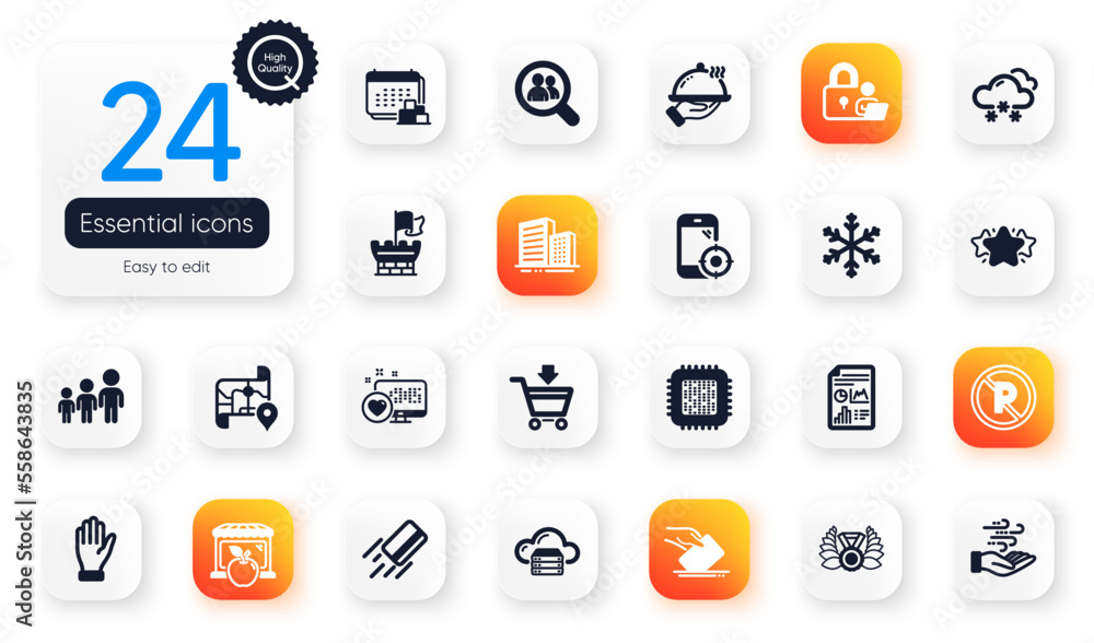Set of Business flat icons. Hand, Laureate medal and Snowflake elements for web application. Heart, Shield, Business hierarchy icons. No parking, Lock, Restaurant food elements. Vector Set of Business flat icons. Hand, Laureate medal and Snowflake elements for web application. Heart, Shield, Business hierarchy icons. No parking, Lock, Restaurant food elements. Vector